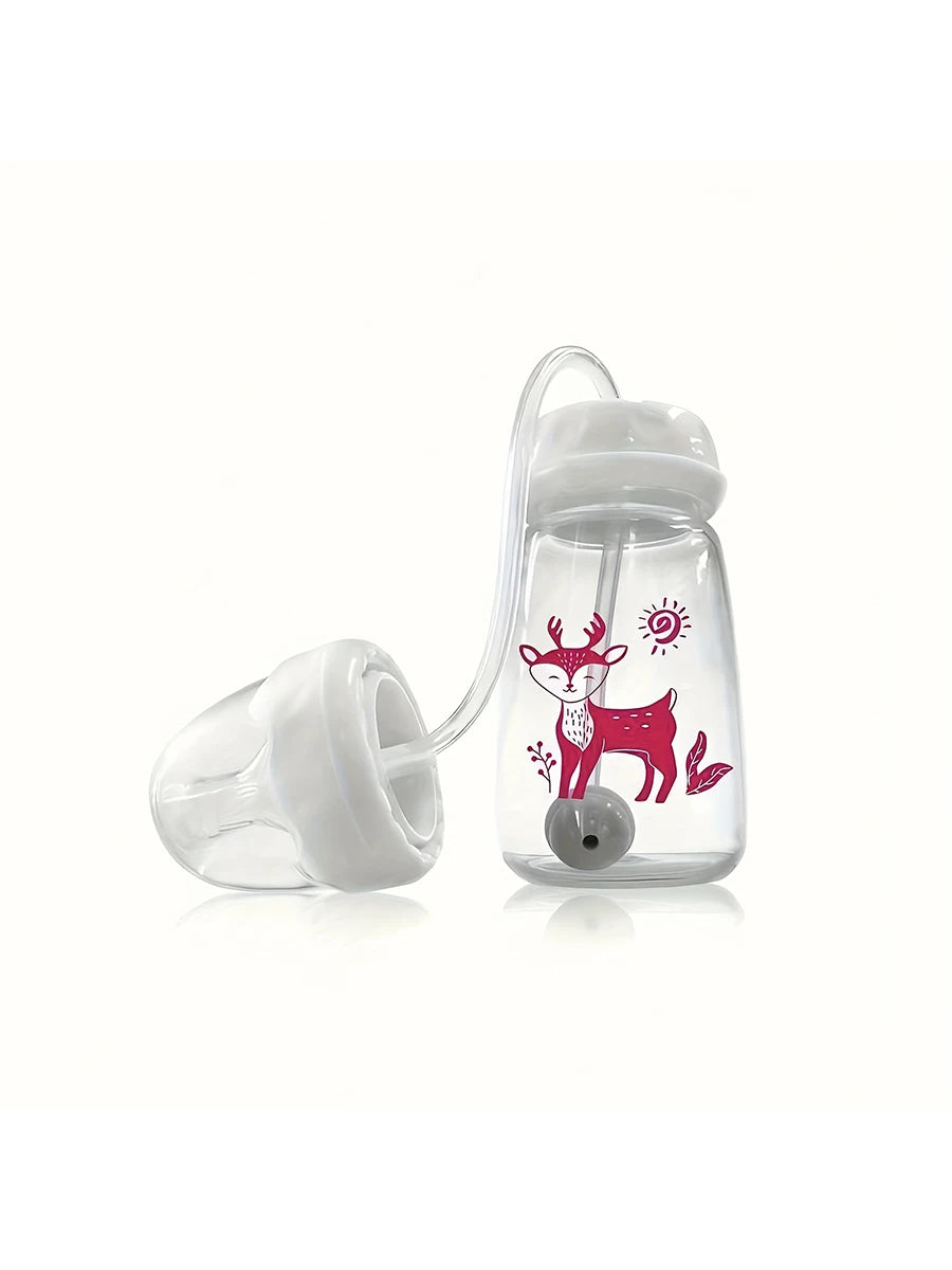 1pc 5oz/150ml Hands-Free PP Feeding Bottle with Straw Brush, Self-Feeding Normal-Neck Baby Bottle Set.