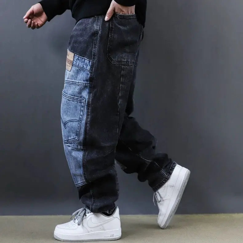 2025 Retro Washed Patch Jeans Men's Trendy Brand Loose Workwear Harem Trousers Trendy American Style