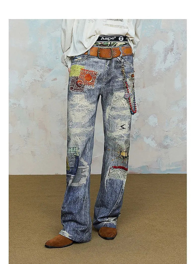 2025 new autumn and winter digital 3D printing ripped patch straight-tipped micro-flare printed jeans on the street