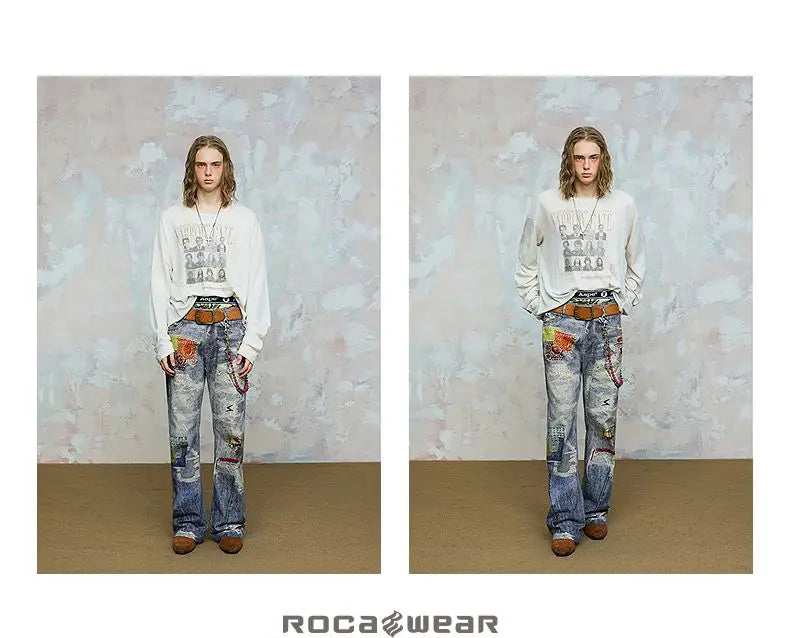 2025 new autumn and winter digital 3D printing ripped patch straight-tipped micro-flare printed jeans on the street