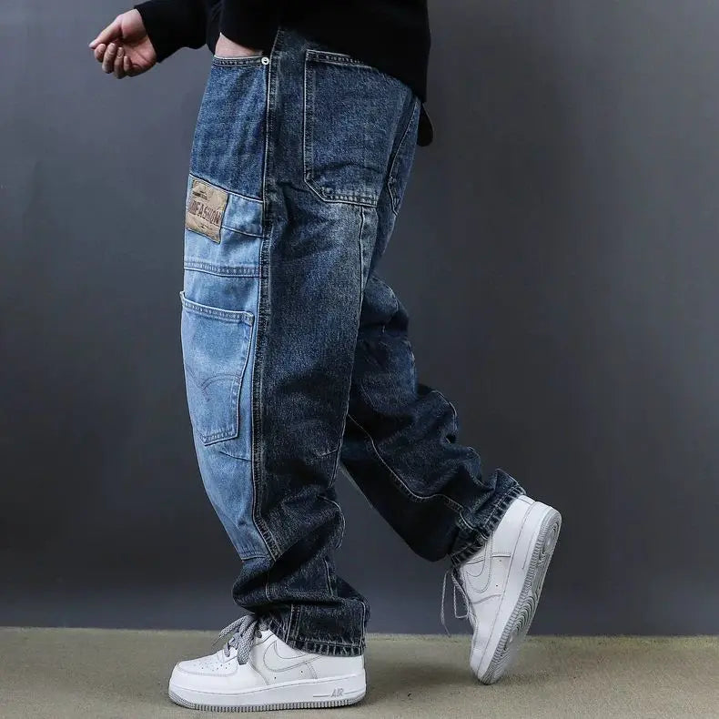 2025 Retro Washed Patch Jeans Men's Trendy Brand Loose Workwear Harem Trousers Trendy American Style