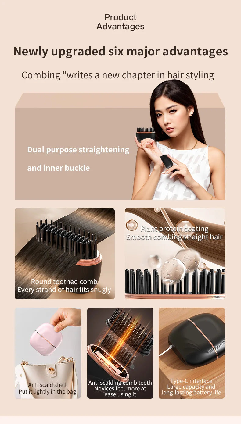 2025 New Mini Straightener Rechargeable Portable Hair Straightener Brush Anti-Scald Shell Cordless USB Charging Straighteners