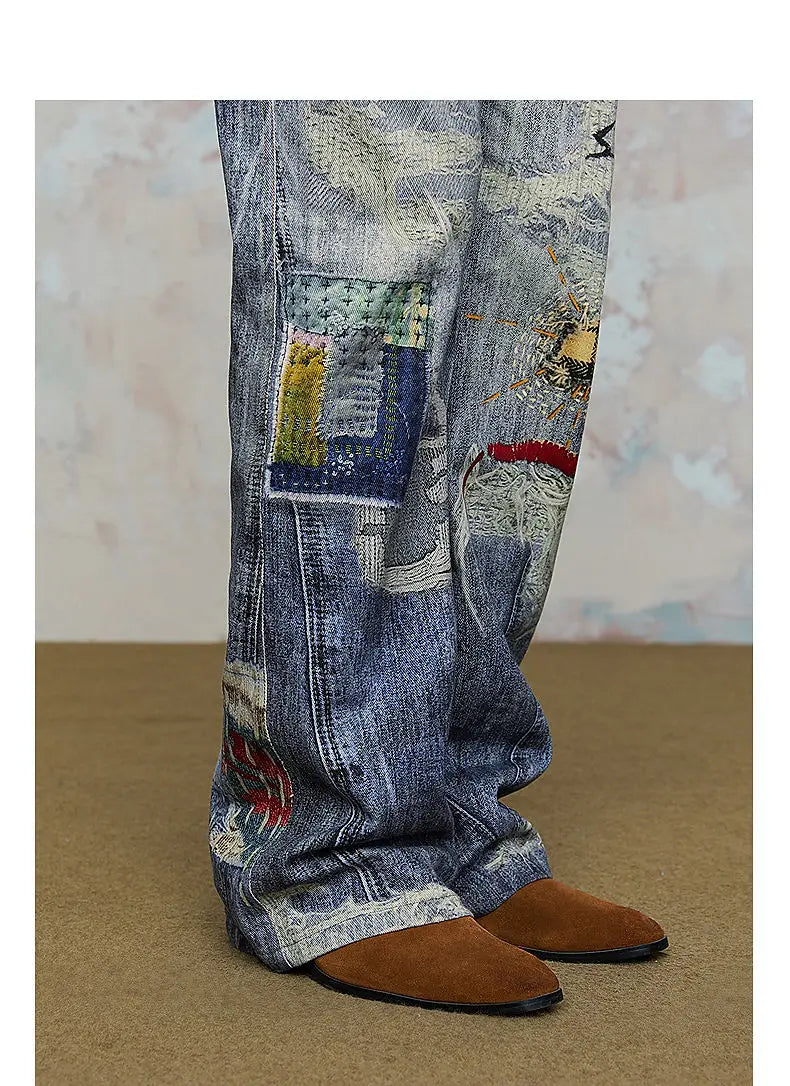 2025 new autumn and winter digital 3D printing ripped patch straight-tipped micro-flare printed jeans on the street
