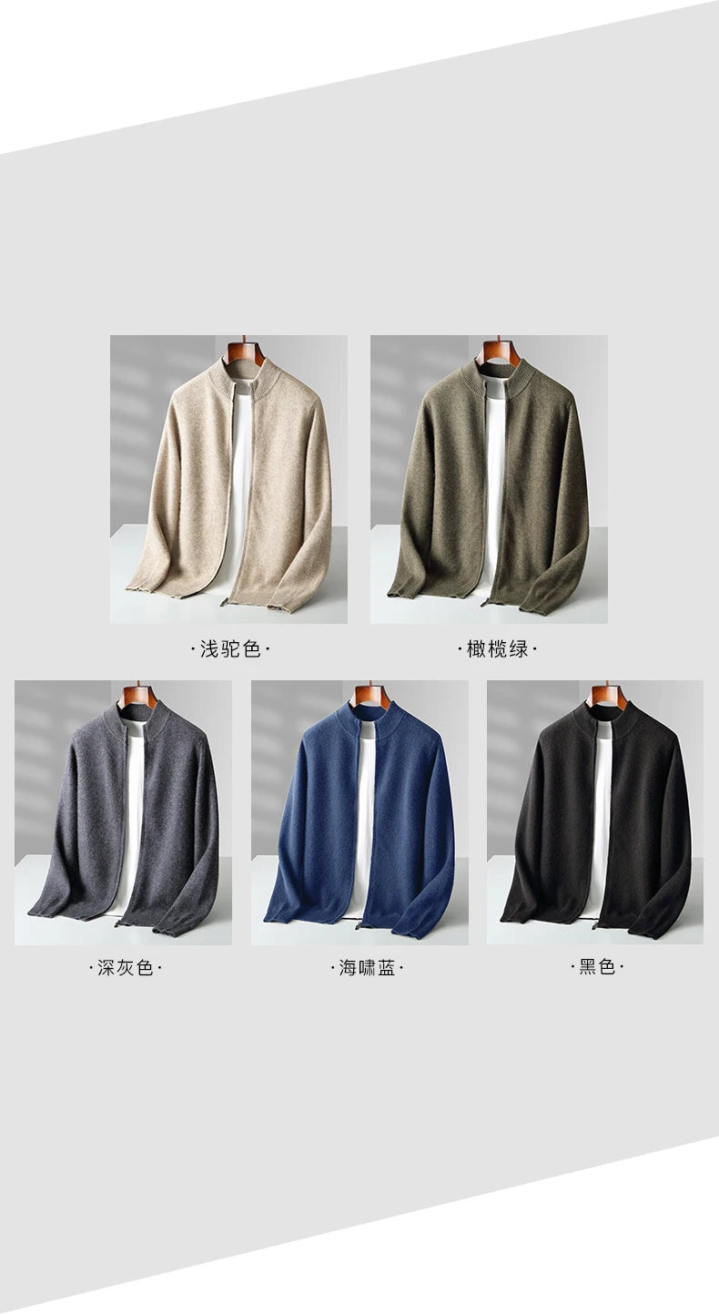 100% Merino Wool Men's Warm Sweater Mock Collar Thickened Zippered Cardigan Autumn Winter New Cashmere Knitted Long Sleeve Tops
