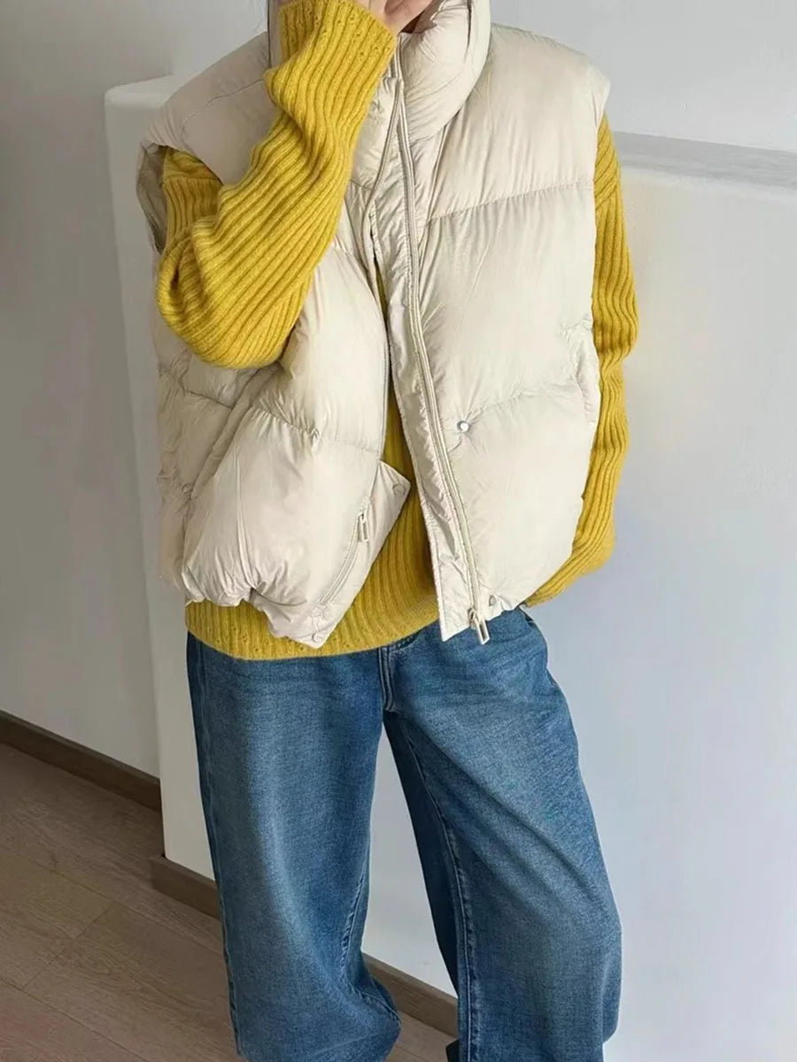 Autumn Winter Puff Warm Stand Collar Down Vest Women White Duck Down Sleeveless Vest Female Zipper Thick Loose Quilted Waistcoat