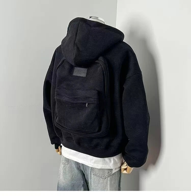 Autumn winter American high street fashion three-dimensional backpack men clothing Y2K trend hoodie oversized casual sportswear