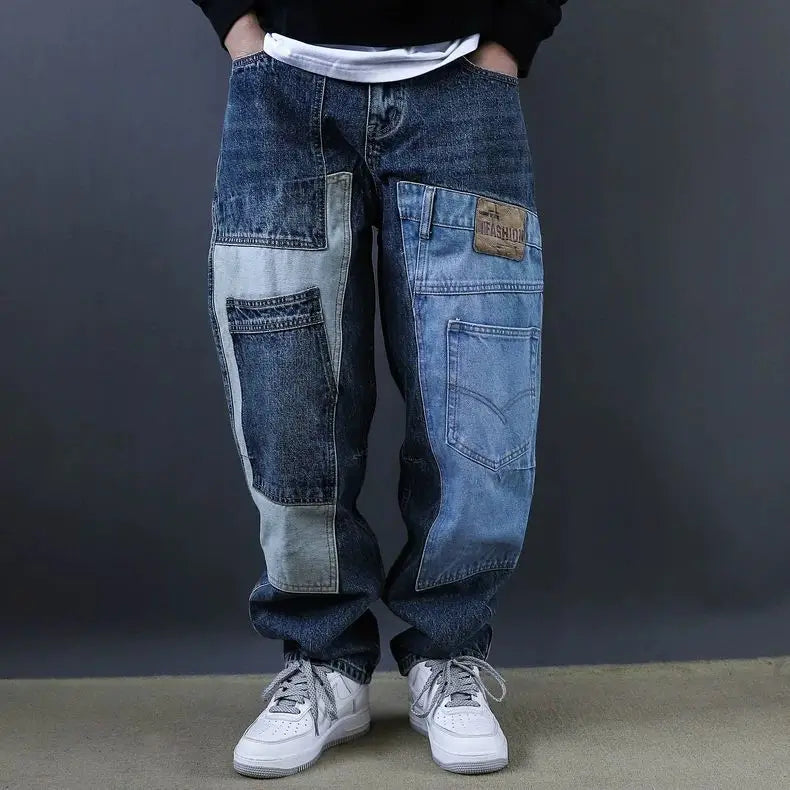 2025 Retro Washed Patch Jeans Men's Trendy Brand Loose Workwear Harem Trousers Trendy American Style