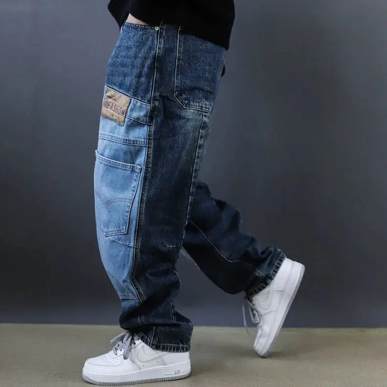 2025 Retro Washed Patch Jeans Men's Trendy Brand Loose Workwear Harem Trousers Trendy American Style