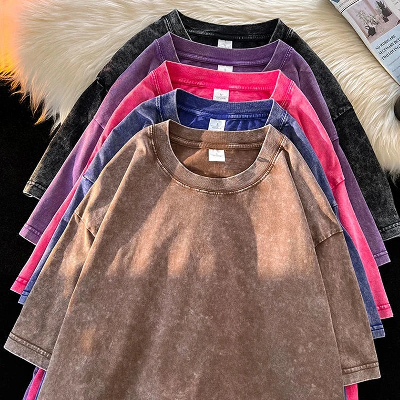 230g 100% Cotton Retro Punk T-shirt Drop Shoulder Sleeve Men Women Vintage Short Sleeved T Shirts Solid Color Hip Hop Loose Tees