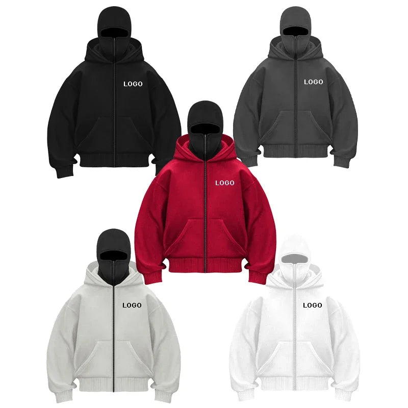 Customized Double-hooded Zipper Hoodies Men Personality Printed Long Sleeve Zip Up Sweatshirts Women Ninja Mask Pullovers Jacket