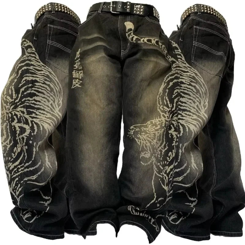 American New Fashion Oversize Pattern Embroidered Baggy Jeans Men Y2K Gothic Harajuku Hip Hop Straight High Waist Wide Leg Pants
