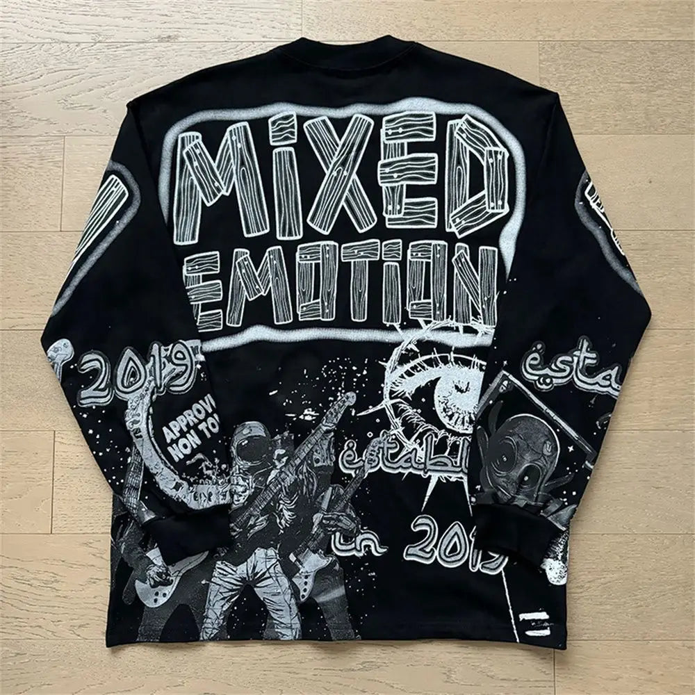 2026 New MIXED EMOTION Long Sleeve T-shirt Men Women High Street Full Print Best Quality Crewneck Hip Hop Oversized Tops