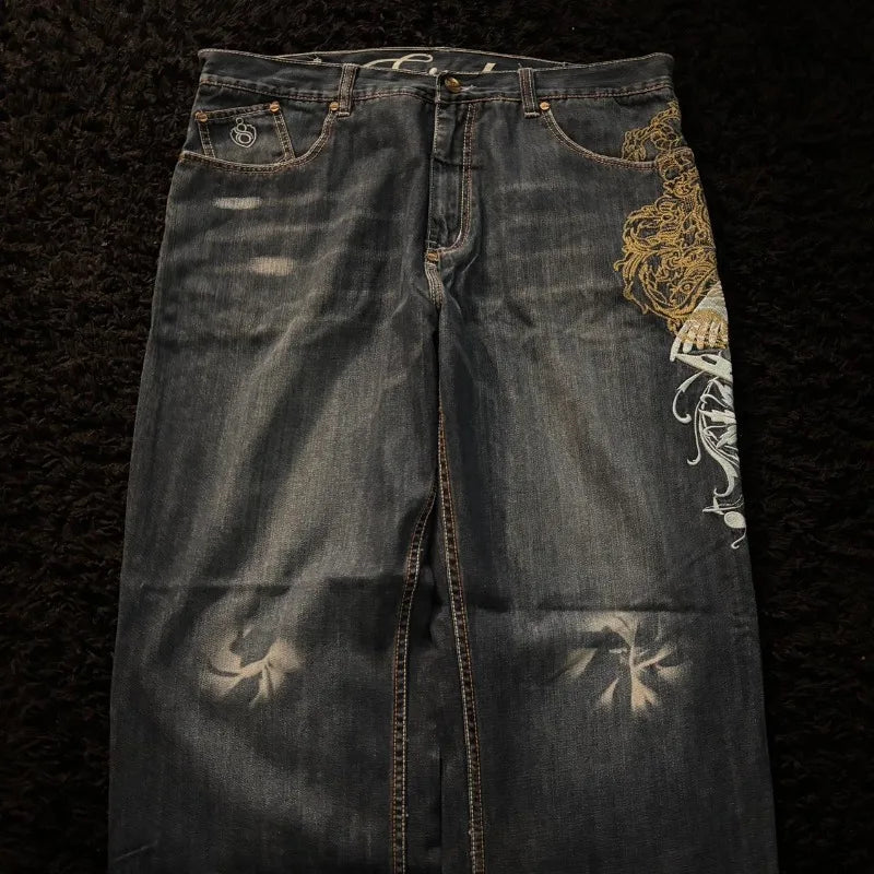 American New Fashion Oversize Pattern Embroidered Baggy Jeans Men Y2K Gothic Harajuku Hip Hop Straight High Waist Wide Leg Pants