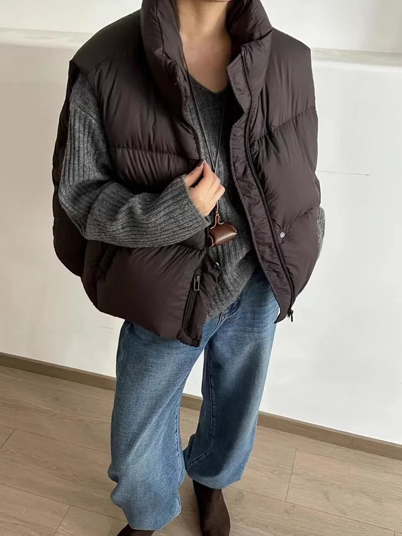 Autumn Winter Puff Warm Stand Collar Down Vest Women White Duck Down Sleeveless Vest Female Zipper Thick Loose Quilted Waistcoat