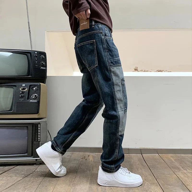 American Style New Fashion Men's High Street Casual Trendy Loose Spliced Multi Pocket Denim Trousers Male Jeans Pants Clothes