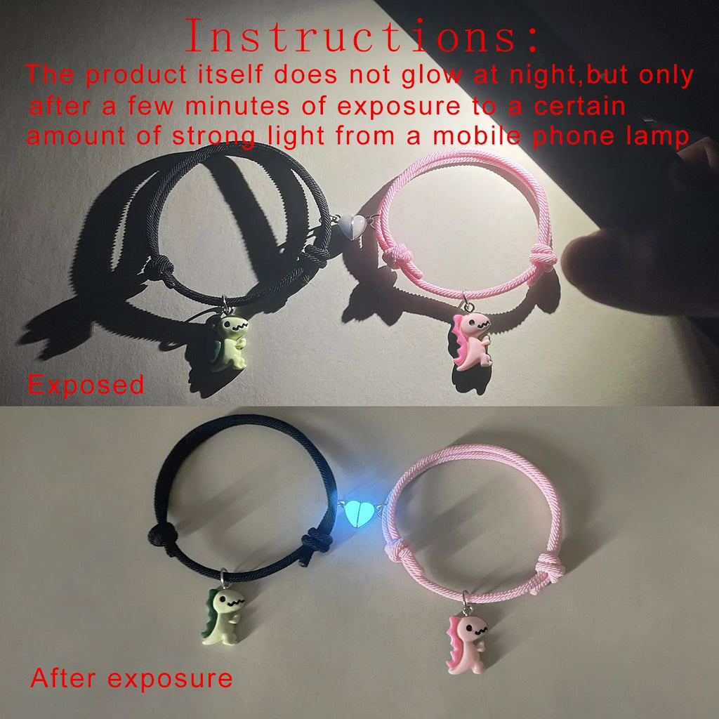 2 pieces/set Luminous peach heart cute green pink dinosaur pendant couple bracelet Fashion hand-woven bracelet