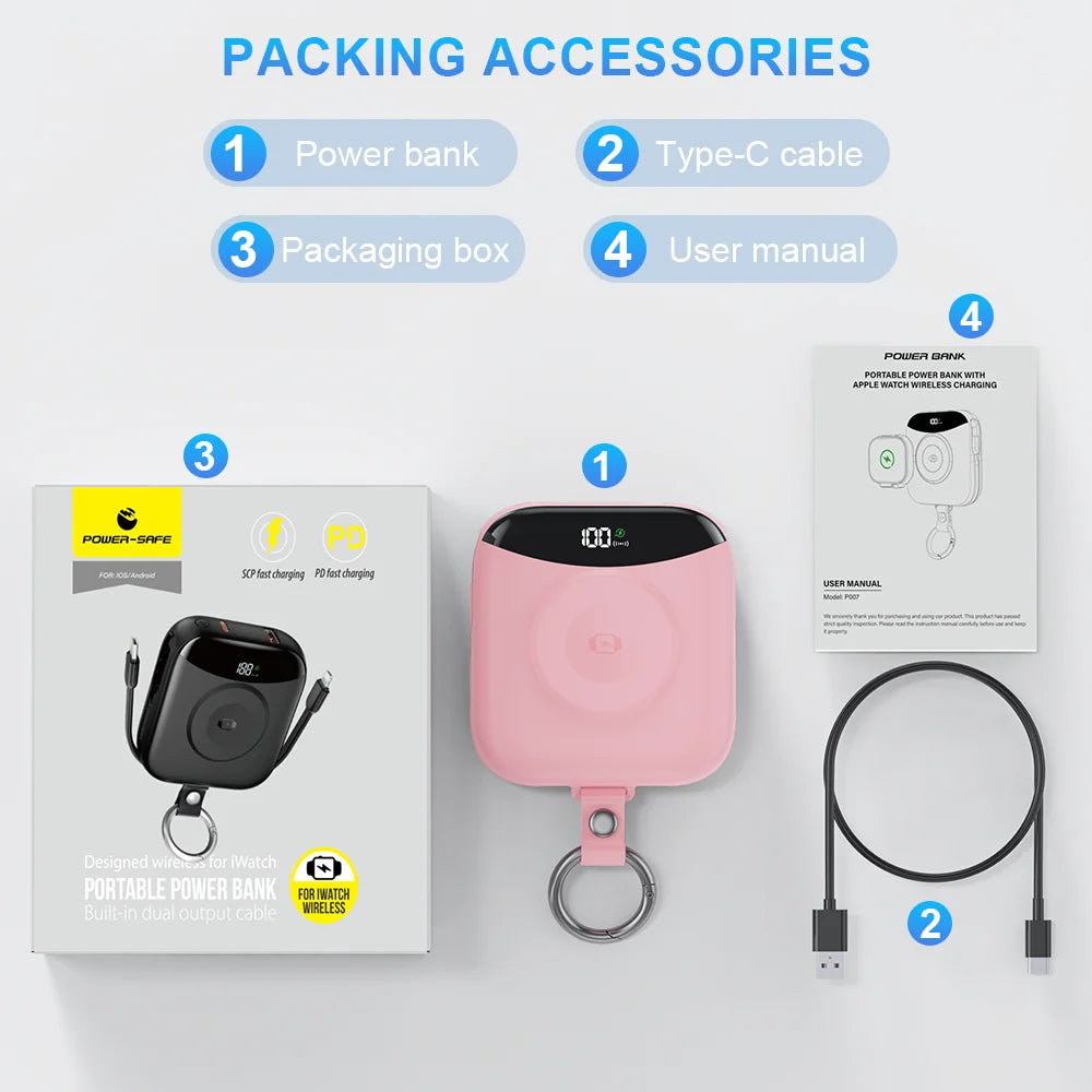 10000mAh 22.5W Fast Charging Power Bank with Built-in Cables, 4-in-1 Portable Charger with LED Display & Keychain for iWatch