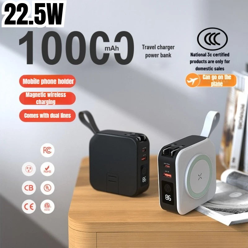 2025 New 10000Mah Multifunctional Magnetic Wireless Power Bank 22.5W Fast Charging AC Wall Plug-in 5-in-1 Mobile Power Supply