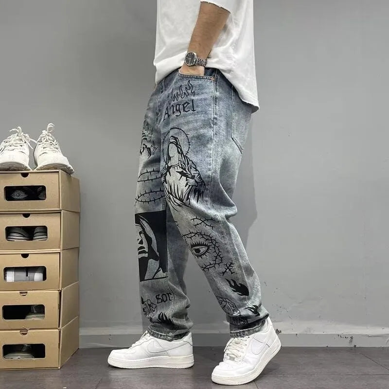 Autumn and Spring New Fashion Trend Printed Straight Leg Sports Denim Pants Men's Loose Comfortable Plus Size High Quality Pants