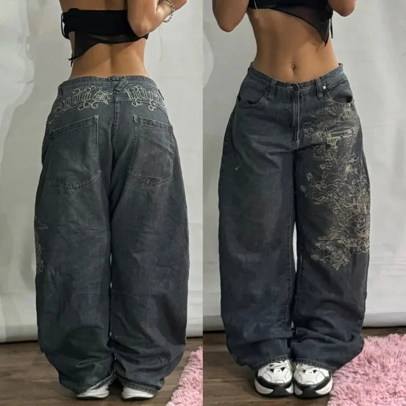 American New Fashion Oversize Pattern Embroidered Baggy Jeans Men Y2K Gothic Harajuku Hip Hop Straight High Waist Wide Leg Pants