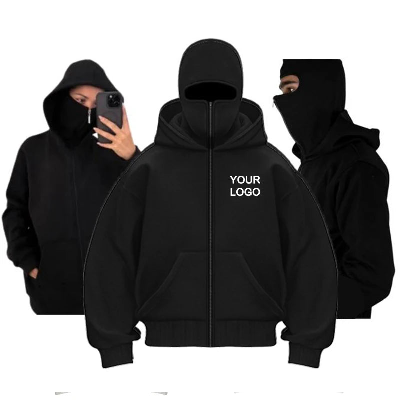 Customized Double-hooded Zipper Hoodies Men Personality Printed Long Sleeve Zip Up Sweatshirts Women Ninja Mask Pullovers Jacket