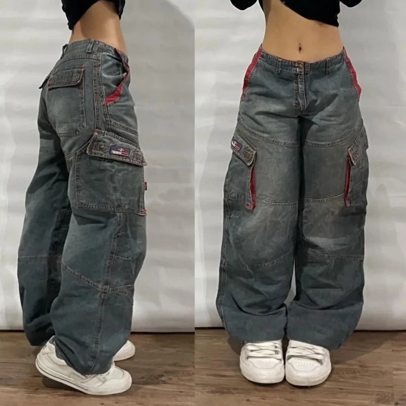 American New Fashion Oversize Pattern Embroidered Baggy Jeans Men Y2K Gothic Harajuku Hip Hop Straight High Waist Wide Leg Pants