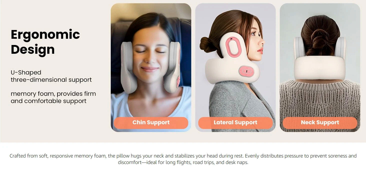 3in1 Neck Pillow for Travel, Bluetooth Noise-Canceling Headset with Neck Massager and Heat, U-Shape Memory Foam Airplane Pillows