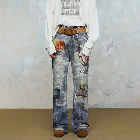 2025 new autumn and winter digital 3D printing ripped patch straight-tipped micro-flare printed jeans on the street