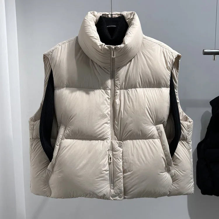 Autumn Winter Puff Warm Stand Collar Down Vest Women White Duck Down Sleeveless Vest Female Zipper Thick Loose Quilted Waistcoat