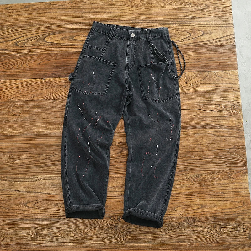 Classic retro logging overalls men wash to do old personality splash-ink spray paint to do old loose straight leg jeans tide