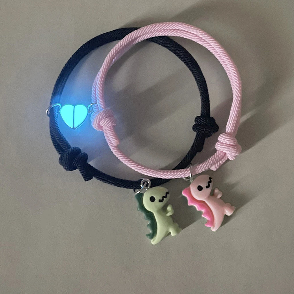 2 pieces/set Luminous peach heart cute green pink dinosaur pendant couple bracelet Fashion hand-woven bracelet