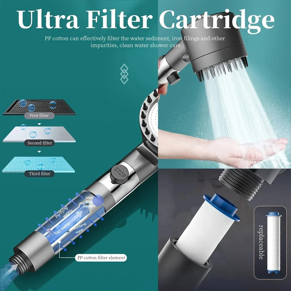 2025 new ion drop shower head with handheld filter shower, turbocharger with multiple spray modes, built-in filter on/off switch