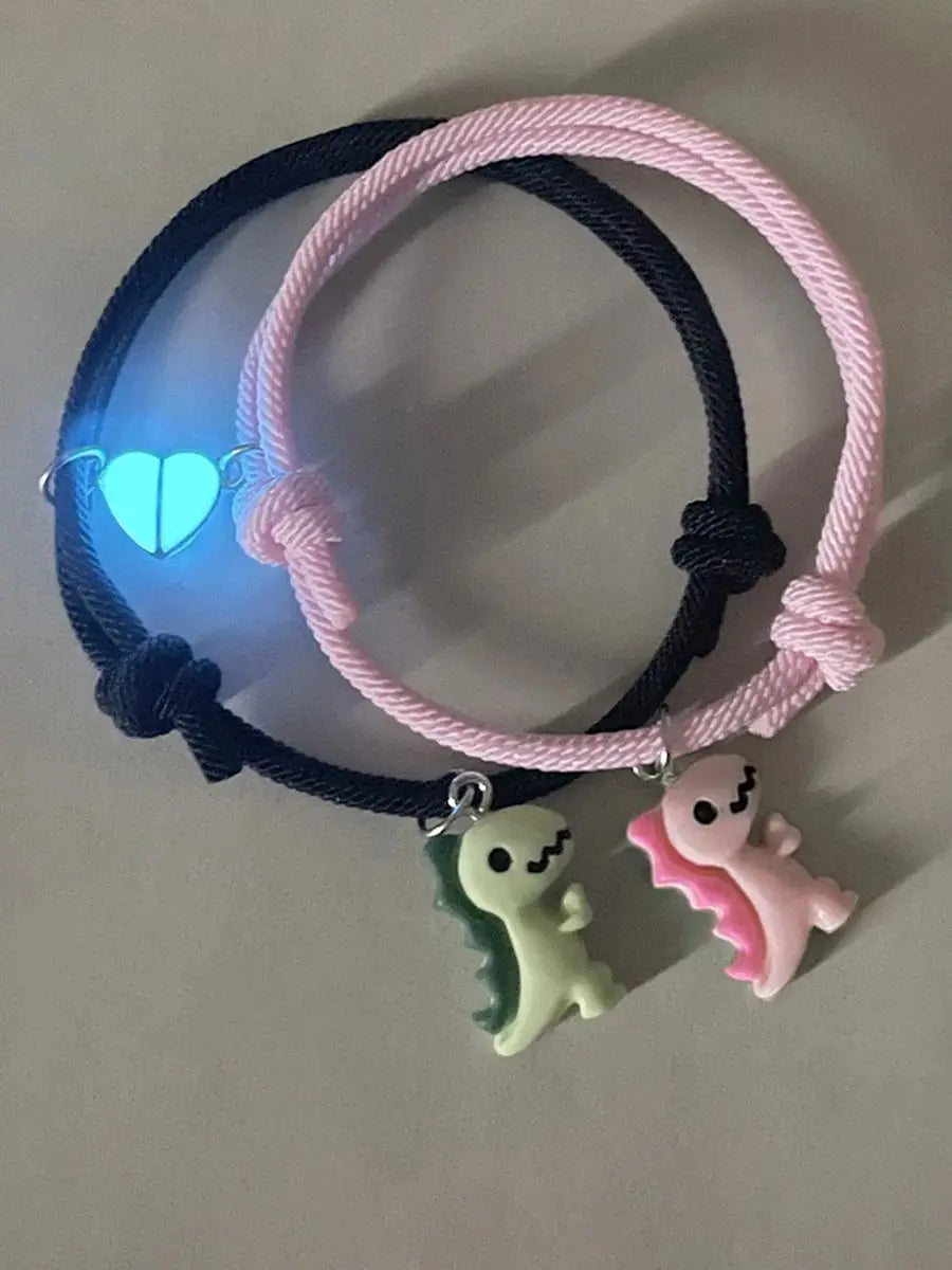 2 pieces/set Luminous peach heart cute green pink dinosaur pendant couple bracelet Fashion hand-woven bracelet