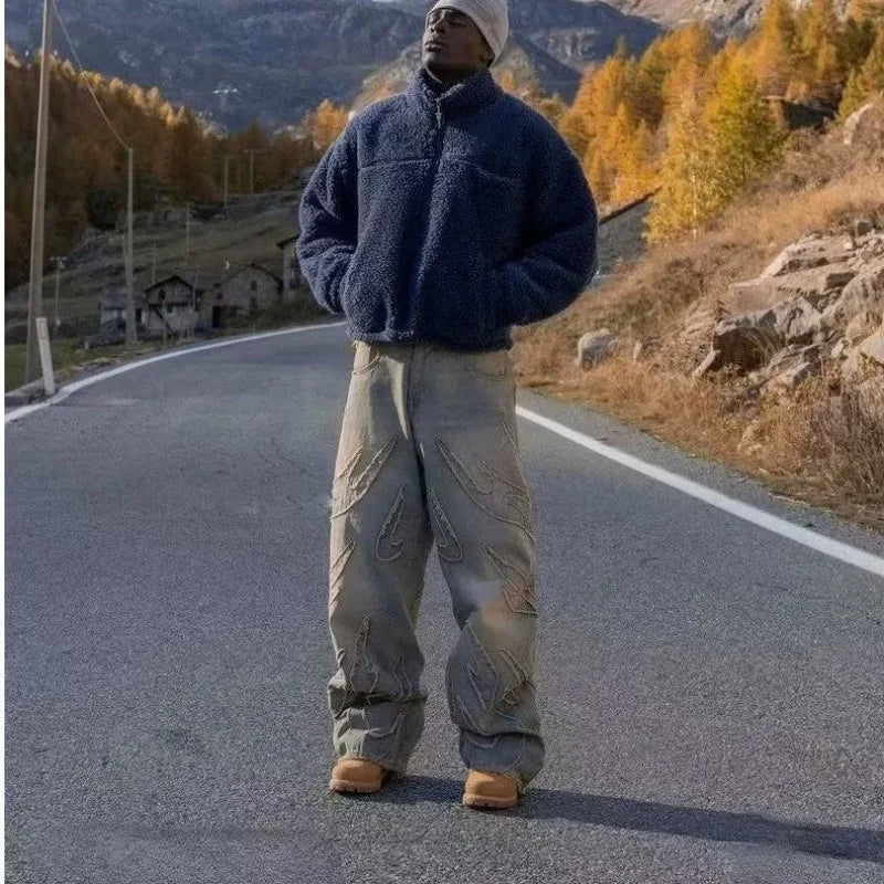 American Retro Bat Pattern Embroidered Loose Jeans Men's Street Fashion Pants Lazy Jeans Straight Leg Mid Waist Zipper Closure