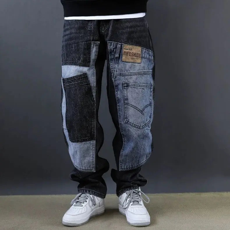 2025 Retro Washed Patch Jeans Men's Trendy Brand Loose Workwear Harem Trousers Trendy American Style