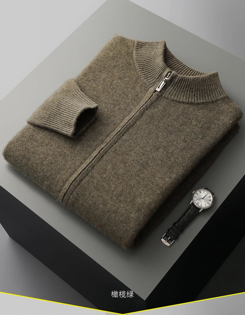 100% Merino Wool Men's Warm Sweater Mock Collar Thickened Zippered Cardigan Autumn Winter New Cashmere Knitted Long Sleeve Tops