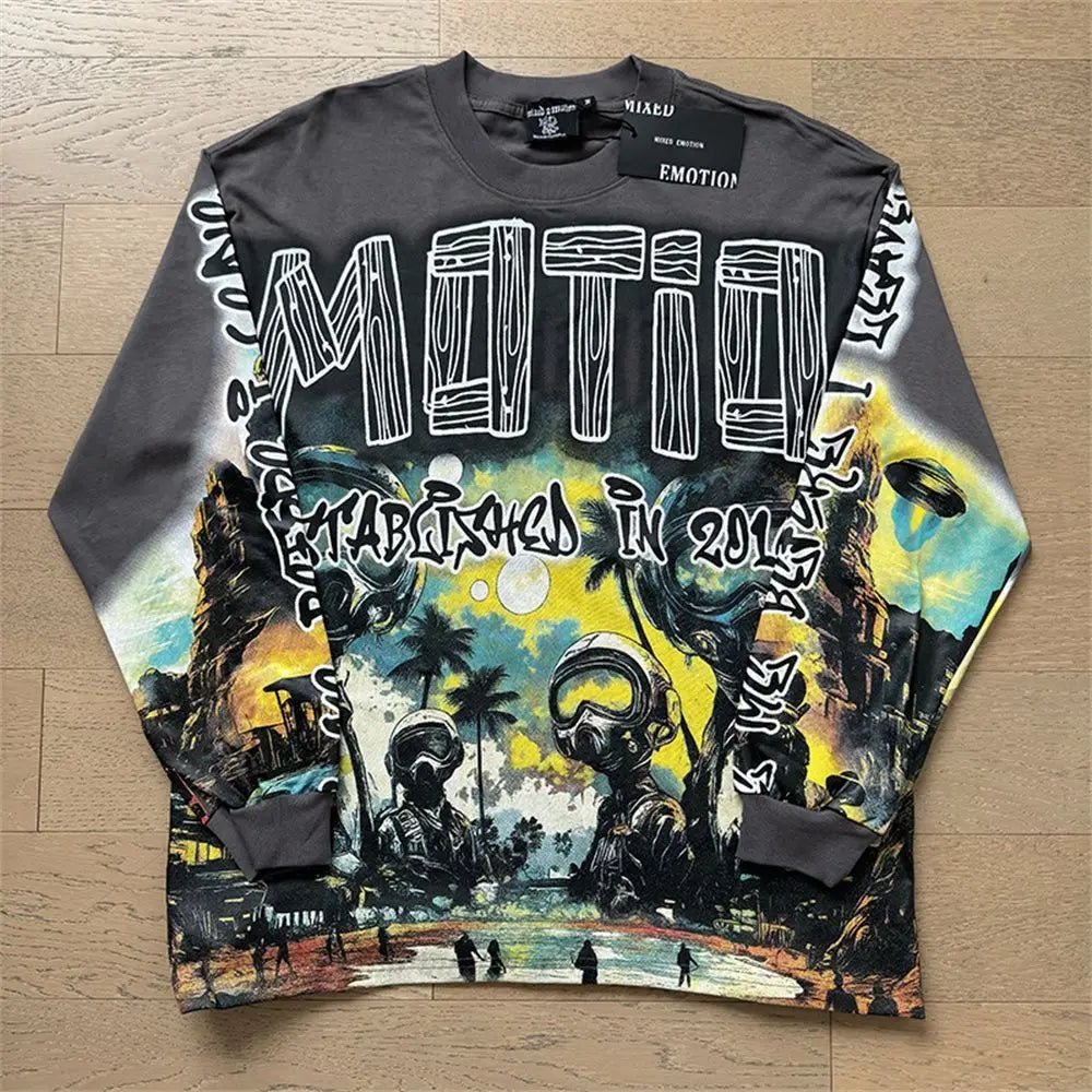 2026 New MIXED EMOTION Long Sleeve T-shirt Men Women High Street Full Print Best Quality Crewneck Hip Hop Oversized Tops