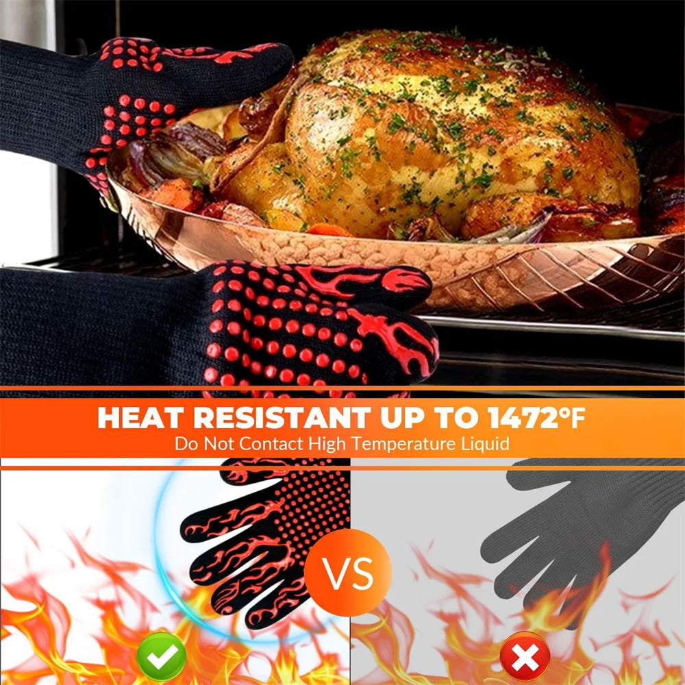 1pc Flame Retardant Non-slip BBQ Fire Glove Microwave Oven Gloves Oven Mitts Fireproof 300-500 Centigrade Extreme Heat Resistant