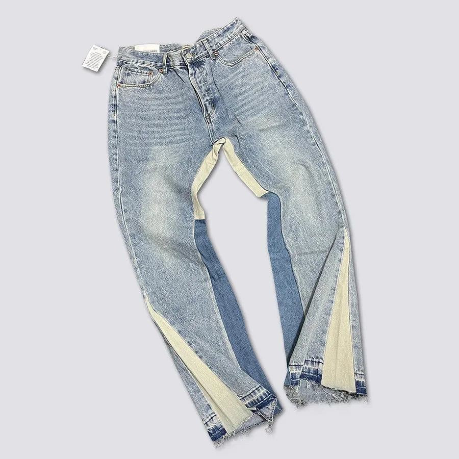 Casual Spliced Bell Bottom Jeans Vintage Washed Men's Denim Trousers from GALLERY DEPT.