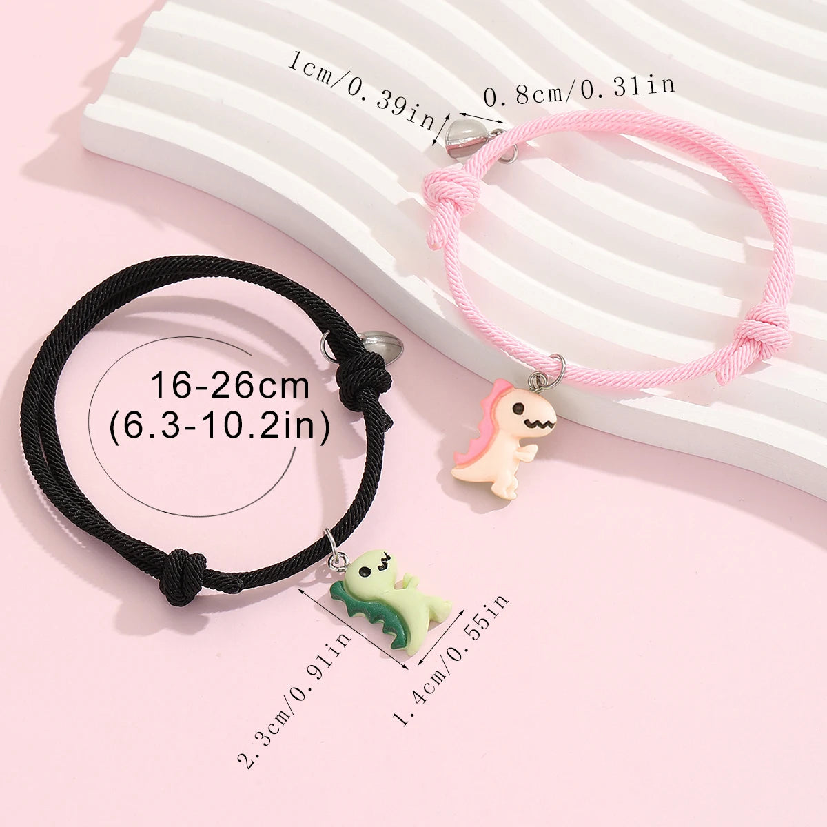 2 pieces/set Luminous peach heart cute green pink dinosaur pendant couple bracelet Fashion hand-woven bracelet