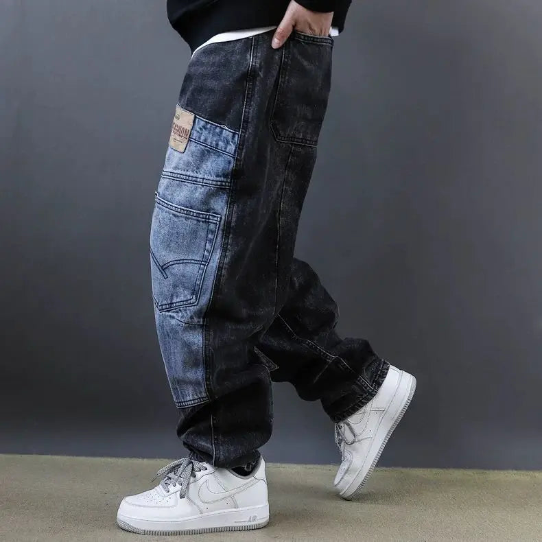 2025 Retro Washed Patch Jeans Men's Trendy Brand Loose Workwear Harem Trousers Trendy American Style