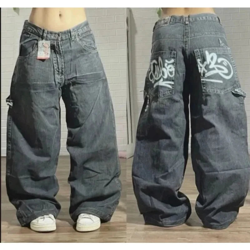 American New Fashion Oversize Pattern Embroidered Baggy Jeans Men Y2K Gothic Harajuku Hip Hop Straight High Waist Wide Leg Pants