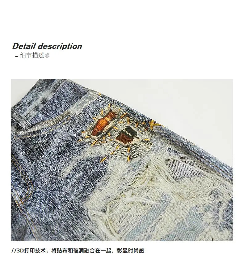 2025 new autumn and winter digital 3D printing ripped patch straight-tipped micro-flare printed jeans on the street