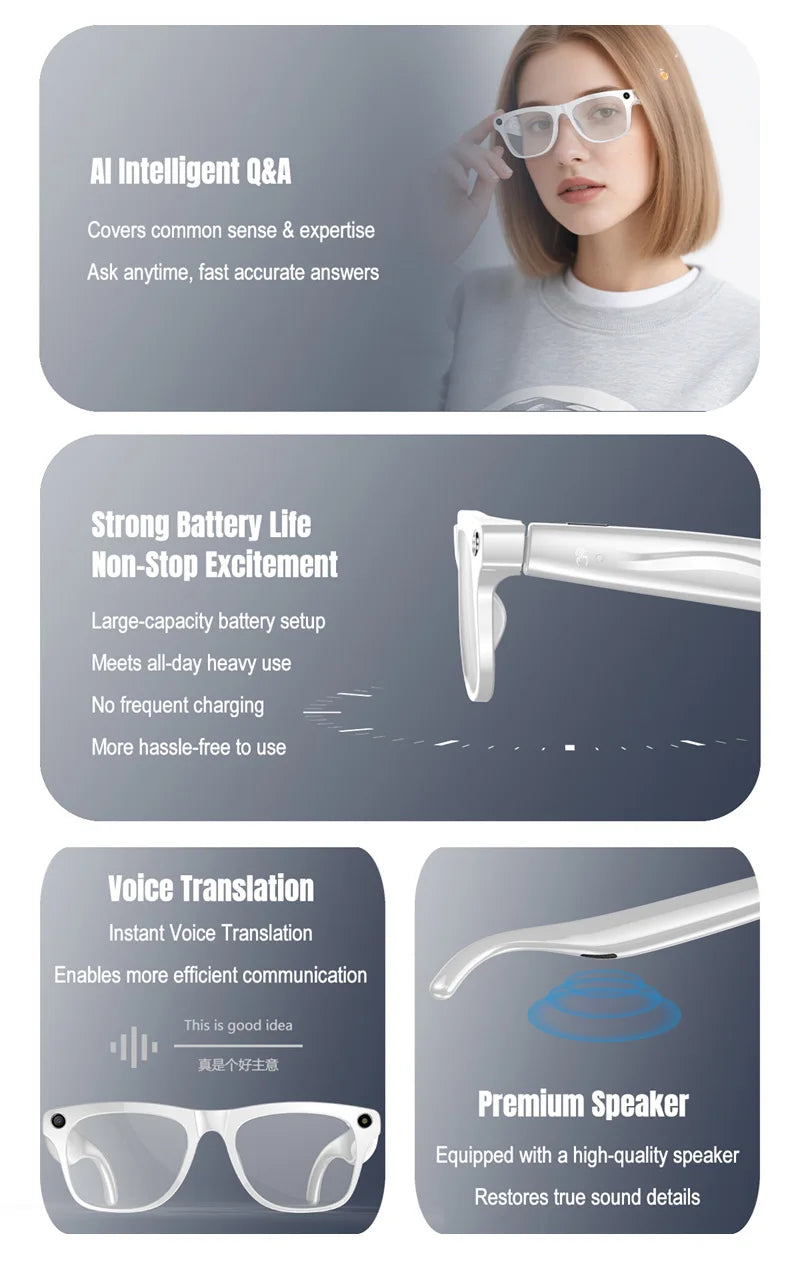 2026 4K HD Color Changing AI Smart Glasses Chat GPT 100MP Camera Bluetooth Call Voice Assistant  Control Smart Glasses 2026 New