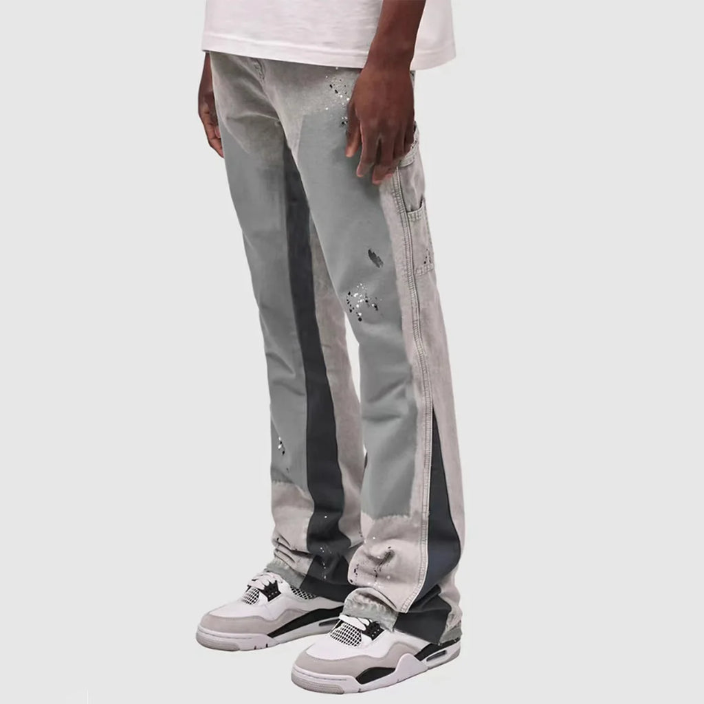 2025 Men's Fashion Jeans Work Pants, European and American Fashion Workwear Elastic Patchwork Denim Layered Flared Pants S-XXL