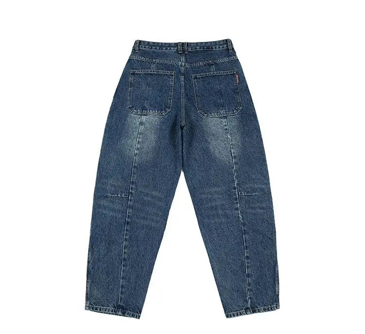 2025 Retro Washed Patch Jeans Men's Trendy Brand Loose Workwear Harem Trousers Trendy American Style