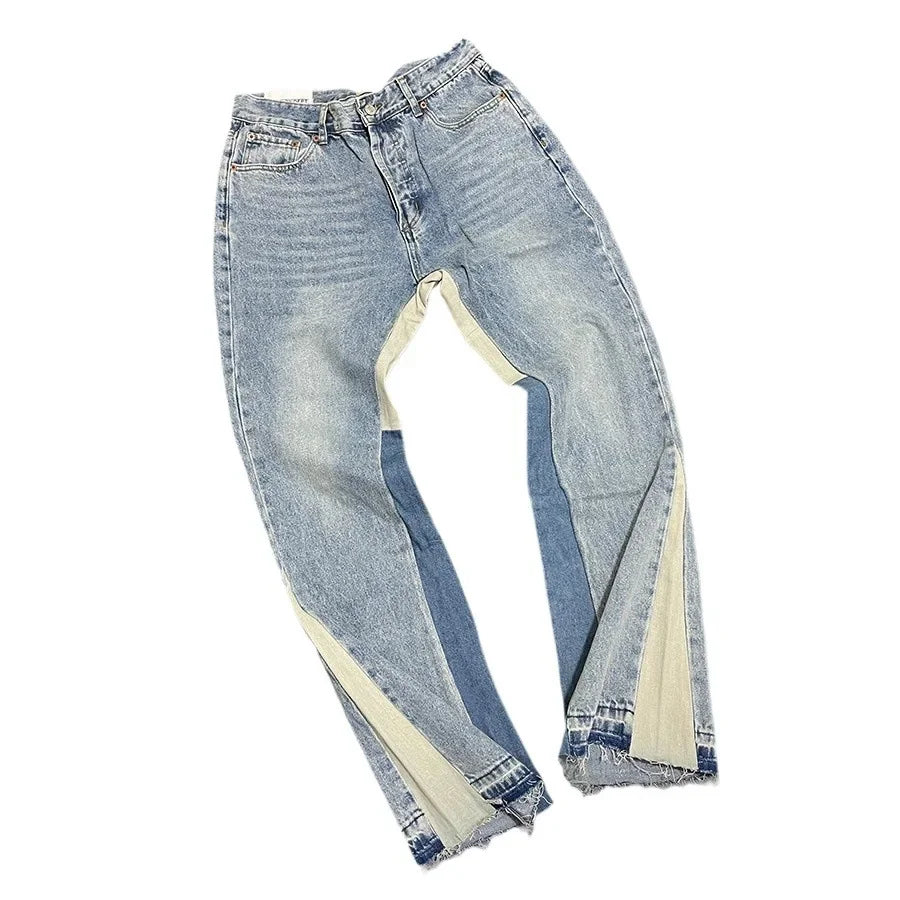 Casual Spliced Bell Bottom Jeans Vintage Washed Men's Denim Trousers from GALLERY DEPT.