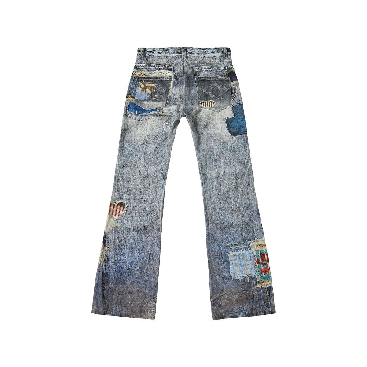 2025 new autumn and winter digital 3D printing ripped patch straight-tipped micro-flare printed jeans on the street