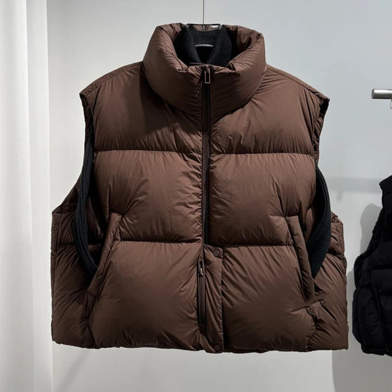 Autumn Winter Puff Warm Stand Collar Down Vest Women White Duck Down Sleeveless Vest Female Zipper Thick Loose Quilted Waistcoat