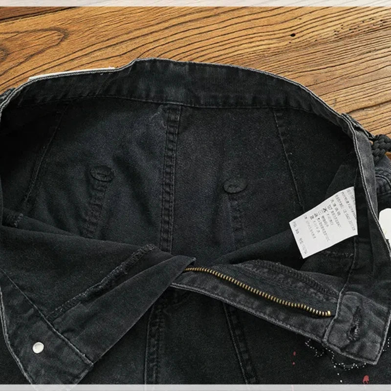 Classic retro logging overalls men wash to do old personality splash-ink spray paint to do old loose straight leg jeans tide